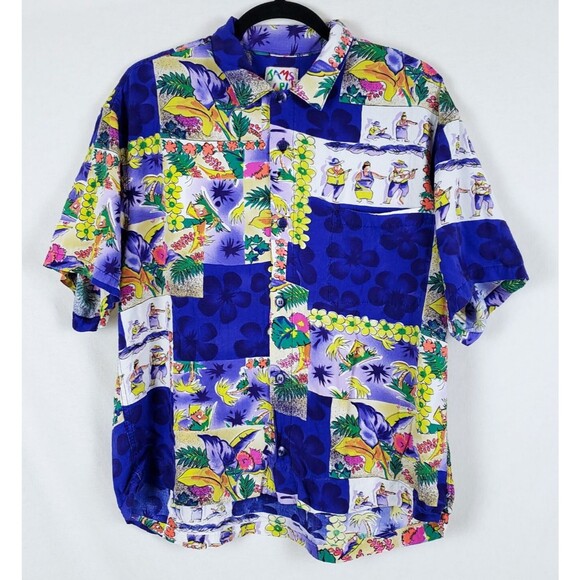 Jams World Hawaiian Shirt Purple Mens L Short Sleeve Patchwork Lightweight